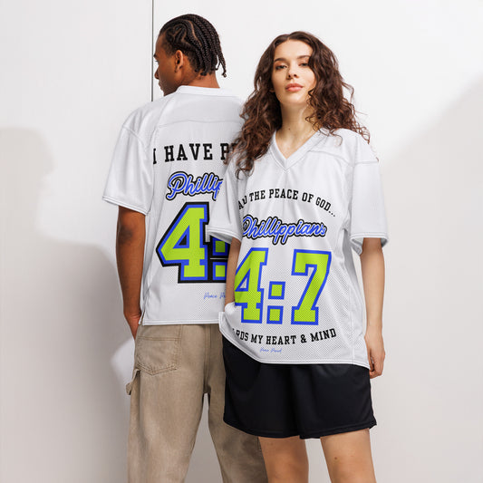Philippians 4:7 Christian football jersey worn by man and woman faith sports shirt