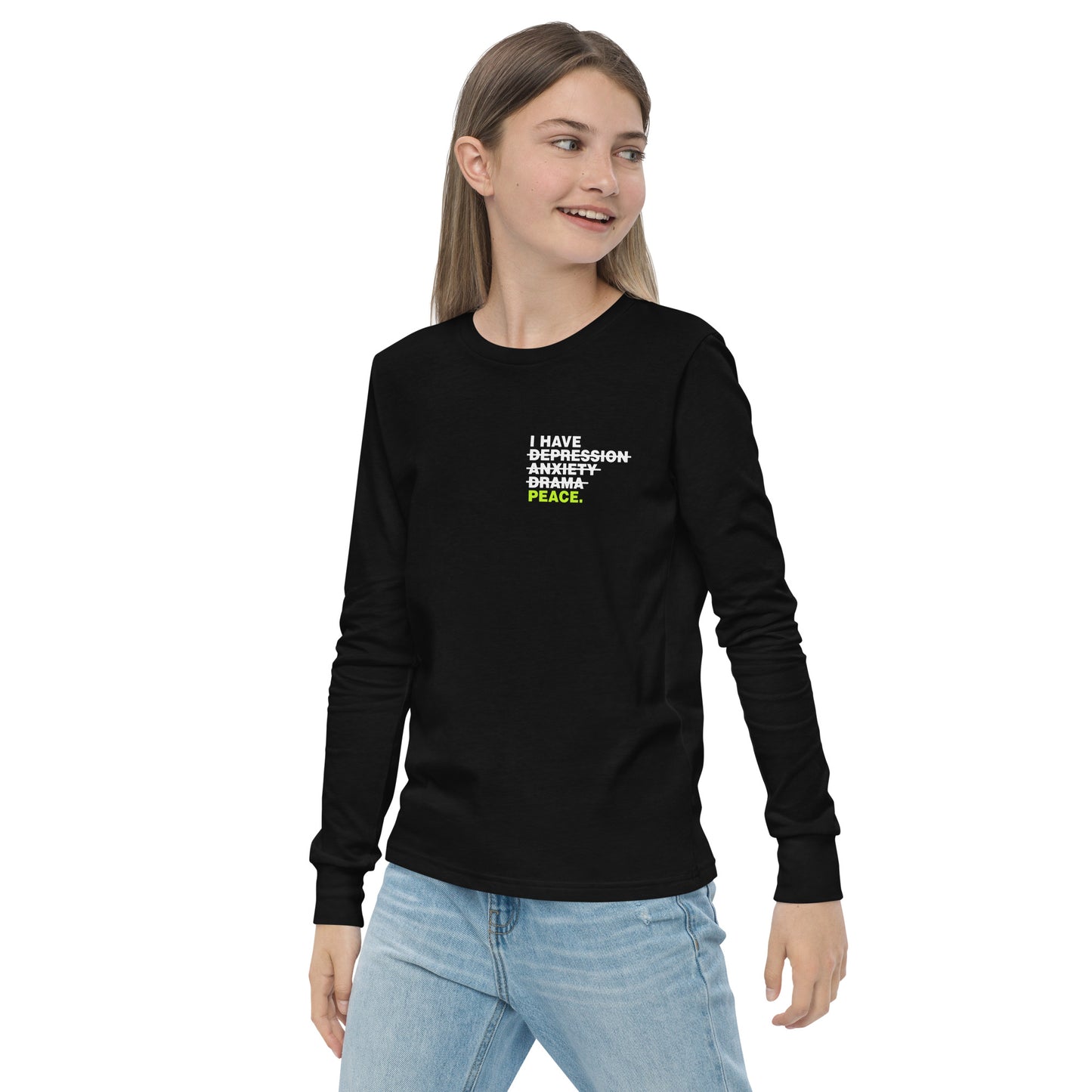 youth Christian long sleeve tee reminding kids of God's peace